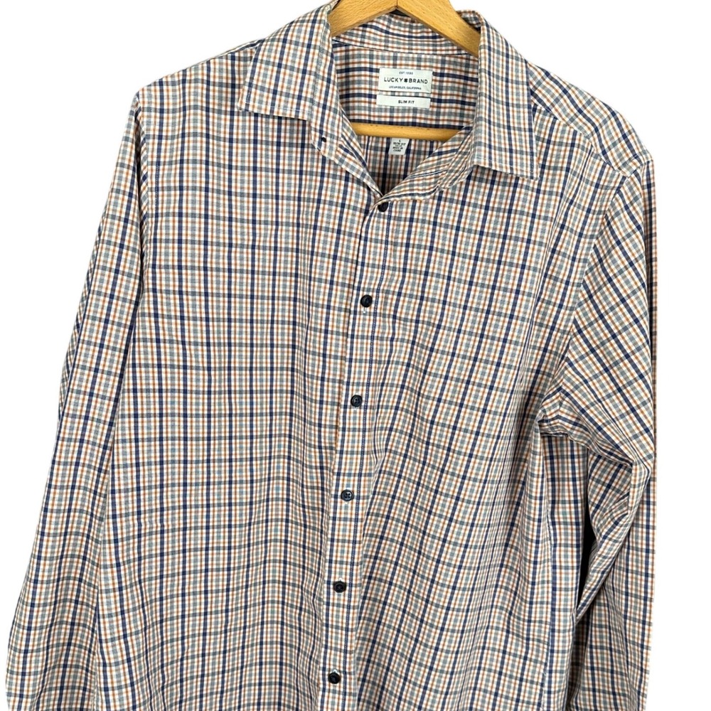 Lucky Brand Mens Slim Fit Long Sleeve Plaid Button Down Shirt Blue Orange Large